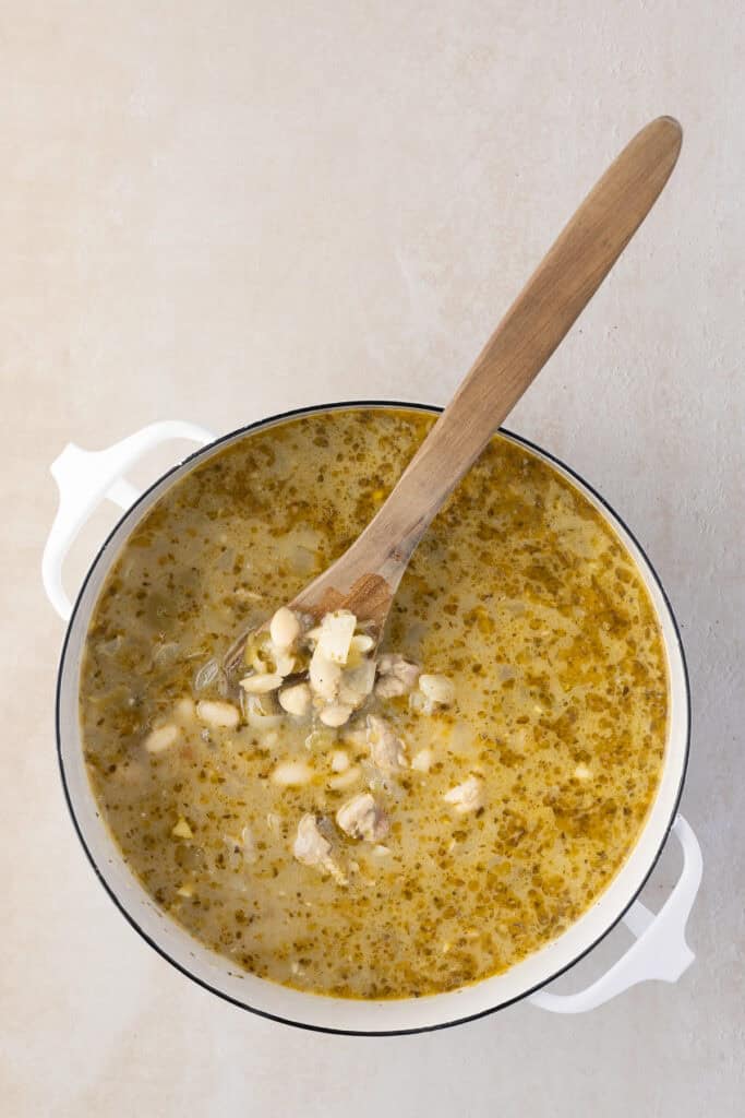 Pot of white bean and chicken chili.
