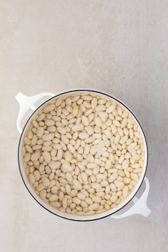 Dried white beans soaking in a pot of water.